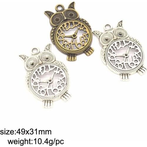 10pcs/lot 49x31mm Vintage Metal Owl Clock Pendant Charms For Jewelry Making