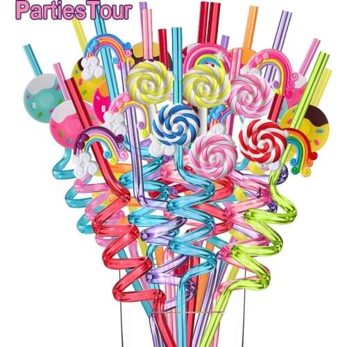 8X Reusable Donut Straws Kids Baby Shower Birthday Party Supplies Donut Plastic Drinking Straws for Party Favors Birthday Decor