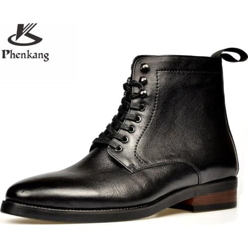 Men Winter Chelsea Boots Genuine Leather Mens Platform Brogue Casual Ankle Flat Shoes Laces Up Dress Designer Brand Boots