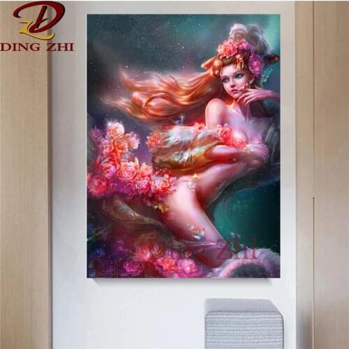Full Drill Diy 5D Diamond Painting Cartoon Sexy Girl Pink Flowers Cross Stitch Kit Embroidery Mosaic Living Room Decoration Gift