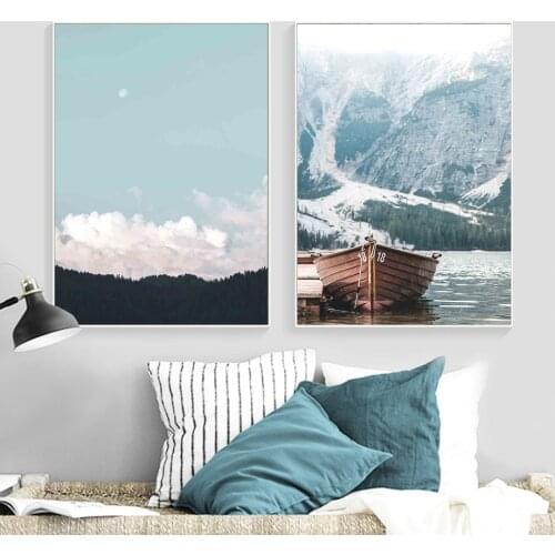 Mountain Lake Elk Boat Cloud Sky Nature Wall Art Canvas Painting Nordic Posters And Prints Wall Pictures For Living Room Decor