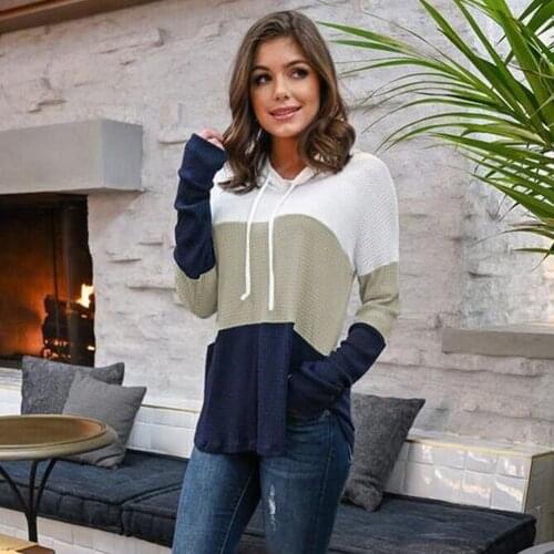 2020 Autumn Winter New Style Stripe Patchwork Loose Sweatshirt Women Semicircular Hem Knit Hooded Drawstring Long Sleeve Hoodies