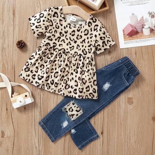 PatPat Summer New 2-piece Baby / Toddler Girl Print Dress and Denim Pants Set