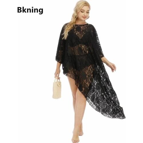 Plus Size Lace Beach Cover Up Female 2021 O-neck Sheer Black Half Skirt Irregular Womens Summer Sundresses Large Fat Beachwear