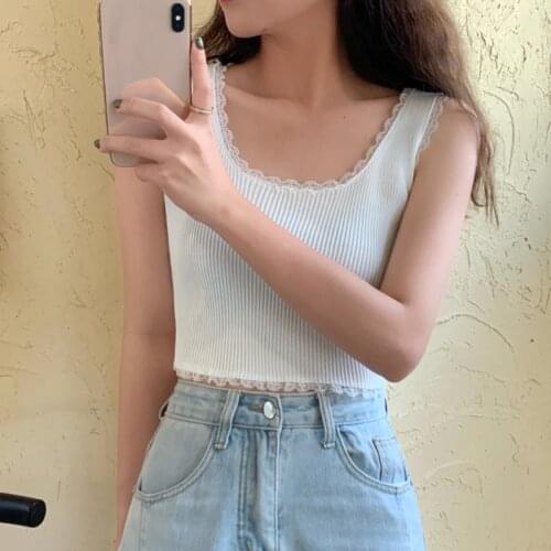 Sexy Lace Trim Tank Top Solid Color Knit Bottoming Vests Fashion Trendy Womens Camisoles Crop Top