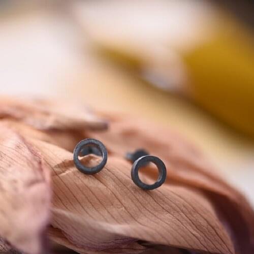 S925 sterling silver contracted hollow circle stud earrings oxide black men and women allergy earring fine jewelry
