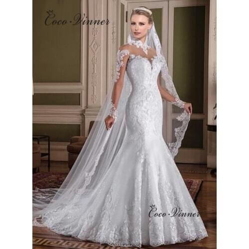 High Collar Pearls Beading Embroidery Mermaid Weddind Dresses Long Sleeve Illusion With Buttons Back Lace Wedding Dress W0150