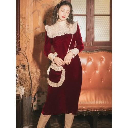 Vintage Burgundy Velvet Short Dress With Bag 2021 Retro Lace Stand Collar Petal Sleeve Woman Dresses Party Night Vestido Festa