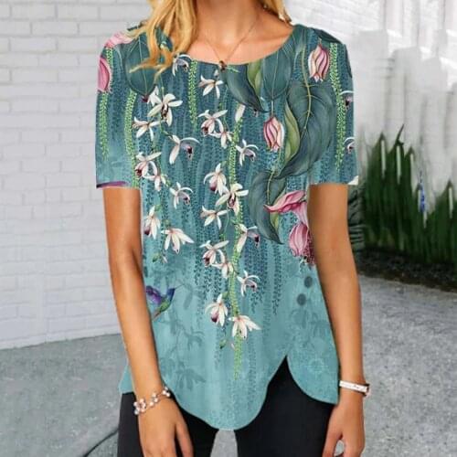 Tee shirt grande taille femme,2021 Summer short sleeve flower print slit button vintage t shirt One piece plus size tops,blusas