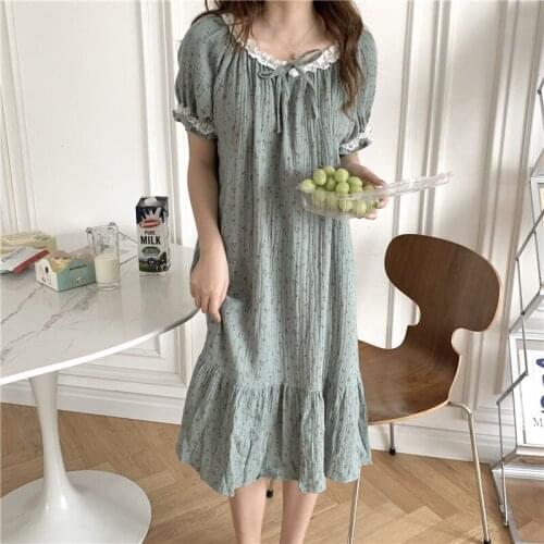 Sweet cherry blossoms sleepdress women nightgowns short sleeve lace cotton mini dress homewear korea sleepwear homedress Y398