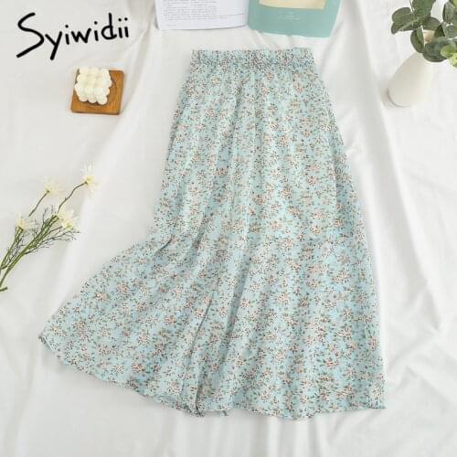 Syiwidii Floral Print Long Skirts for Women Elastic Brand Midi Pink Skirts Vintage Elegant Sweet Boho A-line 2021 Summer Skirt