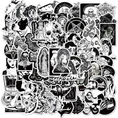 10/30/50PCS Cartoon Black and White Gothic Sticker Graffiti Skateboard Rider Account Book Notebook Guitar Sticker Toy Wholesale