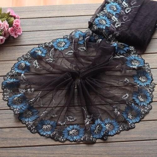 2 Yards Lace Trim Exquisite Blue Flowers Embroidered Black Tulle Lace 9 Inches Wide High Quality