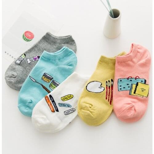 5 Pairs/lot Colorful Women Cotton Cute PINK Cartoon Painting Kawaii Girls Summer Short Socks Women Casual Soft Funny Female Sox