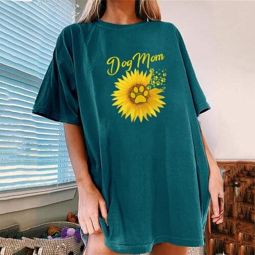 DOG MOM Sun Flower Funny Women Tshirt Drop Shoulder Loose Summer Graphic Tees Shirt Femme Hip Hop Tops Summer Clothes Ladies