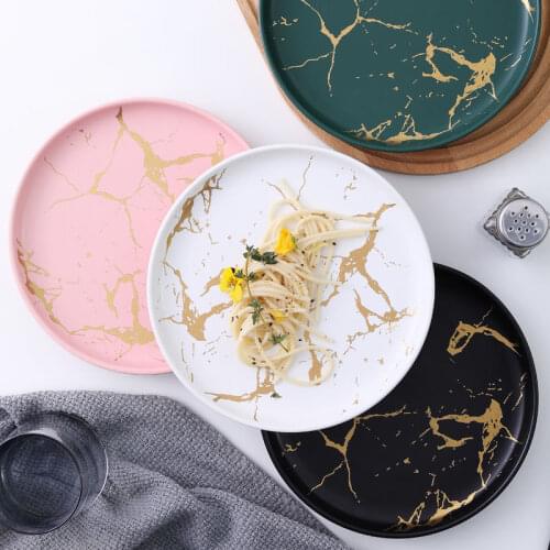 Nordic Marble Golden Inlay Ceramic Plates Round Dinner Serving Platter Decorative Dessert Cake Snack Dish Tray