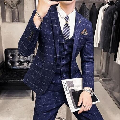 Jackets + Vest + Pants ) Fashion Boutique Plaid High-end Brand Formal Business Suit Groom Wedding Dress Mens Suit 3 Pces Set