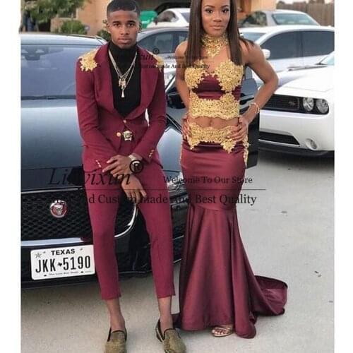 Burgundy with Gold Embroidery Men Suits Two Pieces Shawl Lapel Blazer Slim Fit Wedding Tuxedos Fashion Mens Jacket and Pants