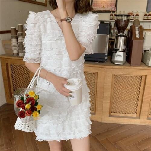 Solid Clothes Women Pullover Ruffle Lace Mini Dress Summer 2021 New V-neck Short-Sleeved Butterfly Vintage Women Dress 153C
