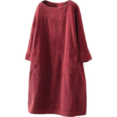 Vintage Women Dresses Fashion Autumn Casual Warm Solid Color Pockets Corduroy Loose Comfortable Midi Dress robe femme 2021 5XL