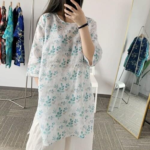 QPFJQD Ladies Loose Printed Linen Ramie Shirt Blouse Tops Half Sleeve Women O Neck Retro Long Tops 2021 Summer