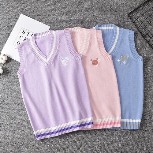 Japanese JK Sweater vest solid color cute cosplay pullover Girl school vest Rabbit cute little animal purple blue pink