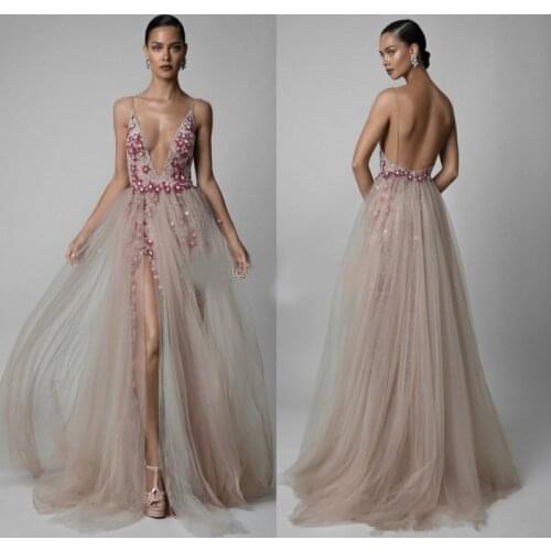 Beaded Backless Evening Dresses Appliqued Sheer Deep V Neck Sequined Side Split Prom Gowns Tulle Plus Size Formal Dress