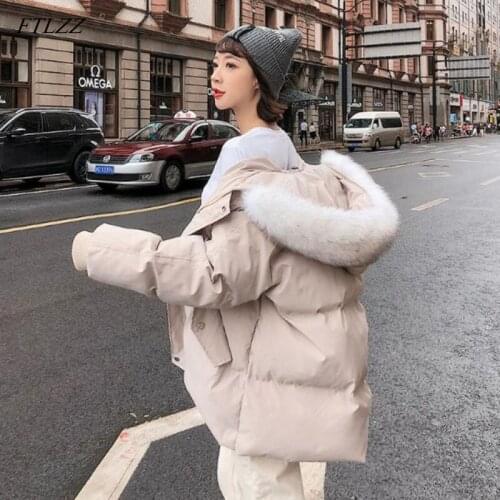 Heydress Women Short Parkas Loose Cotton Coats Winter Faux Fur Collar Warm Snow Jackets Casual Warm Hooded Korean Outwears