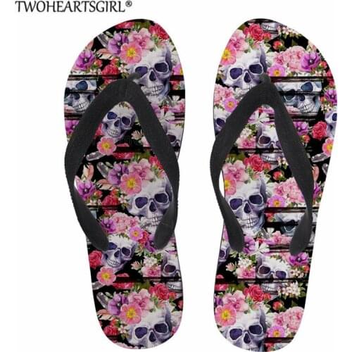 Twoheartsgir Rose Skull Print Flip Flops Women Casual Beach Flats Light Slippers Woman Sugar Skull Designer Female Flip-flop