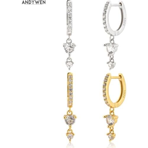 ANDYWEN 200 New 925 Sterling Silver Gold Clear Zircon Pave Drop Earring Jewelry 2020 Piercing Clips Pendiente Luxury Jewels