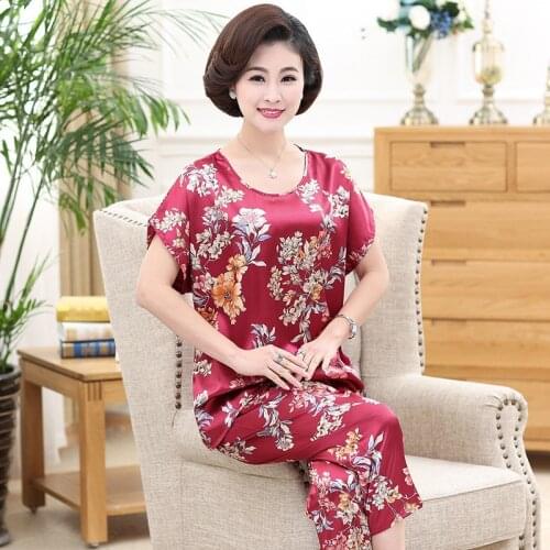 Women Sleepwear Suit Plus Size 5XL Mother Pajamas Set 2019 Ice Silk 2 Piece Nightwear Casual Short Sleeves Pant Home Clothes 554