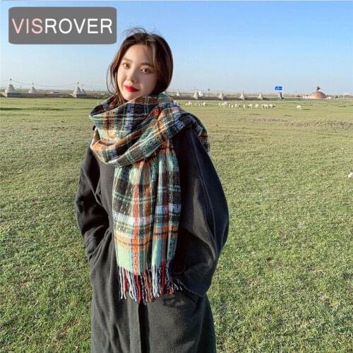 VISROVER Green Checked Winter Scarf For Women Fashion Female Shawl Cashmere Handfeel Winter Wraps Blue Warm Autumn Hijab Gift