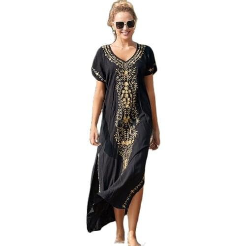 Oversize black Embroidery V-neck Short Sleeve Summer Beach Long Dress Plus Size Tunic Women Beachwear Batwing