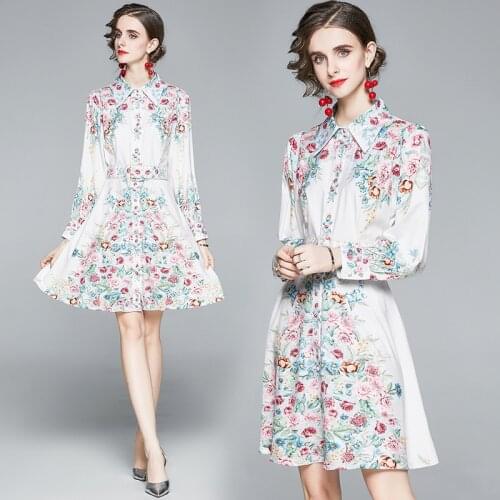 White Floral Print French Retro Palace Style Bandage Shirt Dresses Women Fashion High Street 2021 Spring/Autumn Vestido Feminino