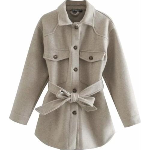 XNWMNZ Za Women 2021 Fashion With Belt Loose Woolen Jacket Coat Vintage Long Sleeve Side Pockets Female Outerwear Chic Overcoat