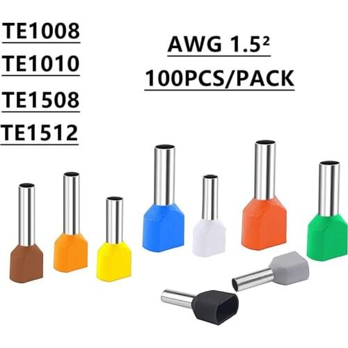 100PCS TE1008 TE1010 TE1508 TE1512 double pipe 1.0~1.5² cold pressed end double line tube shaped insulated tubular terminal