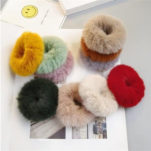 2pcs=1Pair Fluffy Faux Fur Furry Scrunchies Soft Hand Made Fur Elastic Hair Bands Ring for Ladies Hair Ties