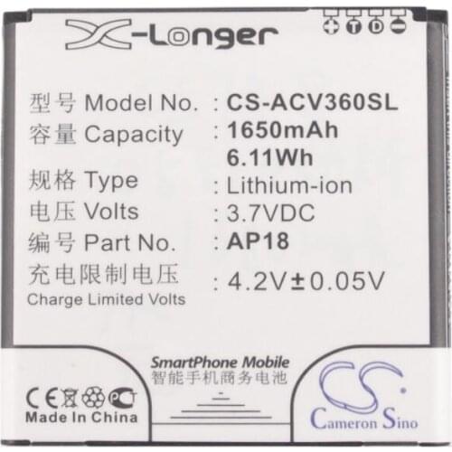 Cameron Sino 1650mah battery for ACER Liquid E1 Dou V360 AP18 batteries