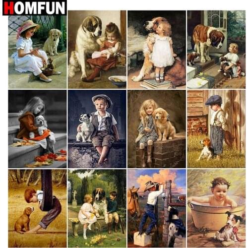 HOMFUN Full Square/Round Drill 5D DIY Diamond Painting "Children and Dog Scenery" Embroidery Cross Stitch 5D Home Decor Gift