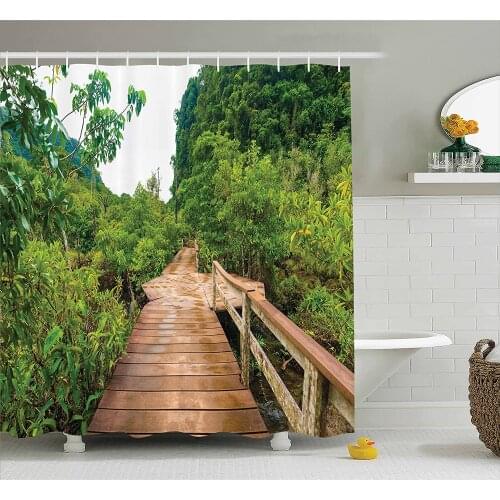 House Decor Shower Curtain Wood Bridge Around Mangrove Forest Wall Decoration Hanging Curtains