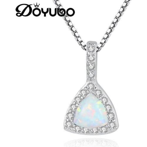 DOYUBO Brand Design Female Triangle Shape Opal Necklace Womens Cubic Zircon Sterling Silver Wedding Necklace Jewelry VA293