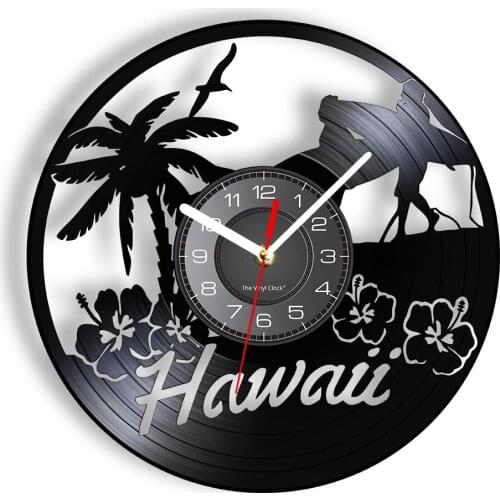 Hawaii Seaside Scenery Wall Clock With LED Backlilght American Island City Surfing Holiday Paradise Retro Wall Watch Disk Craft