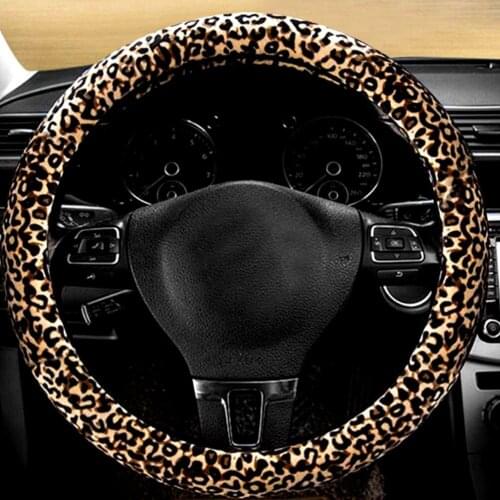 Leopard Steering Wheel Covers Set Anti-Slip Car Steering Wheel Cover Leopard Keychain Auto Decoration Soft Warm Plush Covers
