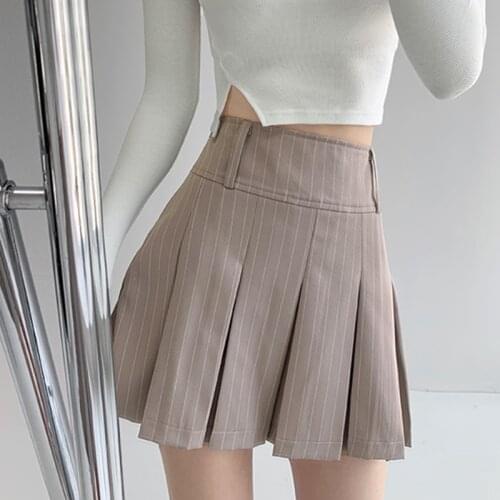 Summer Women High Waist Slim Pleated Skirts Casual Mini A-Line Skirt Preppy Style Striped Korean Sweet Kawaii Female Skirts