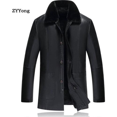 Winter Black Fleece Leather Jacket Men Parka Coat Overcoat Plus Velvet Warm PU Long Section Casual Windbreaker Outwear Clothing