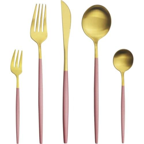 5Pcs Pink Gold Dinnerware Cutlery Set Stainless Steel Dinner Flatware Knife Cake Fork Tea Spoon Tableware Kitchen Silverware Set