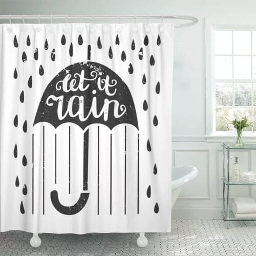 Lettering Let It Rain Umbrella Hand Written Phrase Raindrops Shower Curtain Waterproof Fabric 72 x 78 Inches Set with Hooks