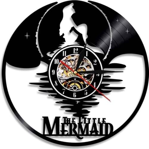 Moonlight Mermaid Inspired Vinyl Record Wall Clock Silent Quartz Movement Wall Watch For Girls Room Ariel Artwork Retro Clock