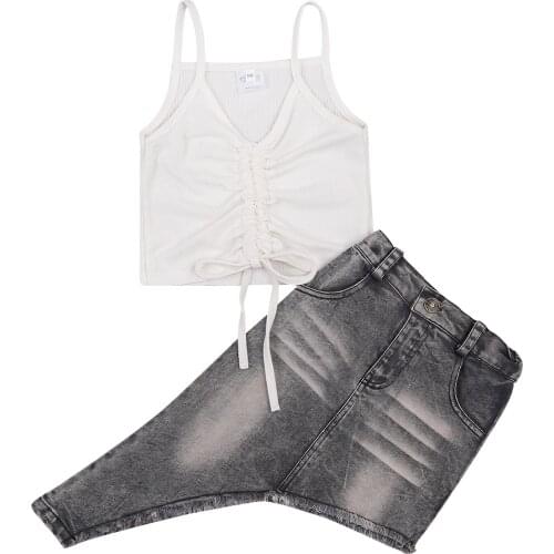 New Girls Clothing Set, Sleeveless Drawstring Pleated Sling Tops and Skirt Two-Piece Suit for Birthday Party Vacation