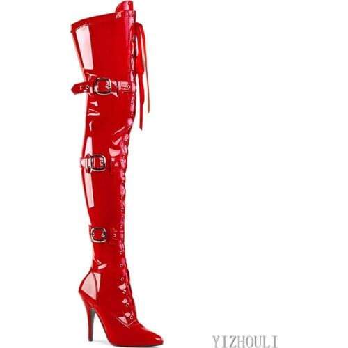 The sexy 12cm heels and pointed toes of the stage show pole dancing, the womens fashion party walk with buckle boots using over